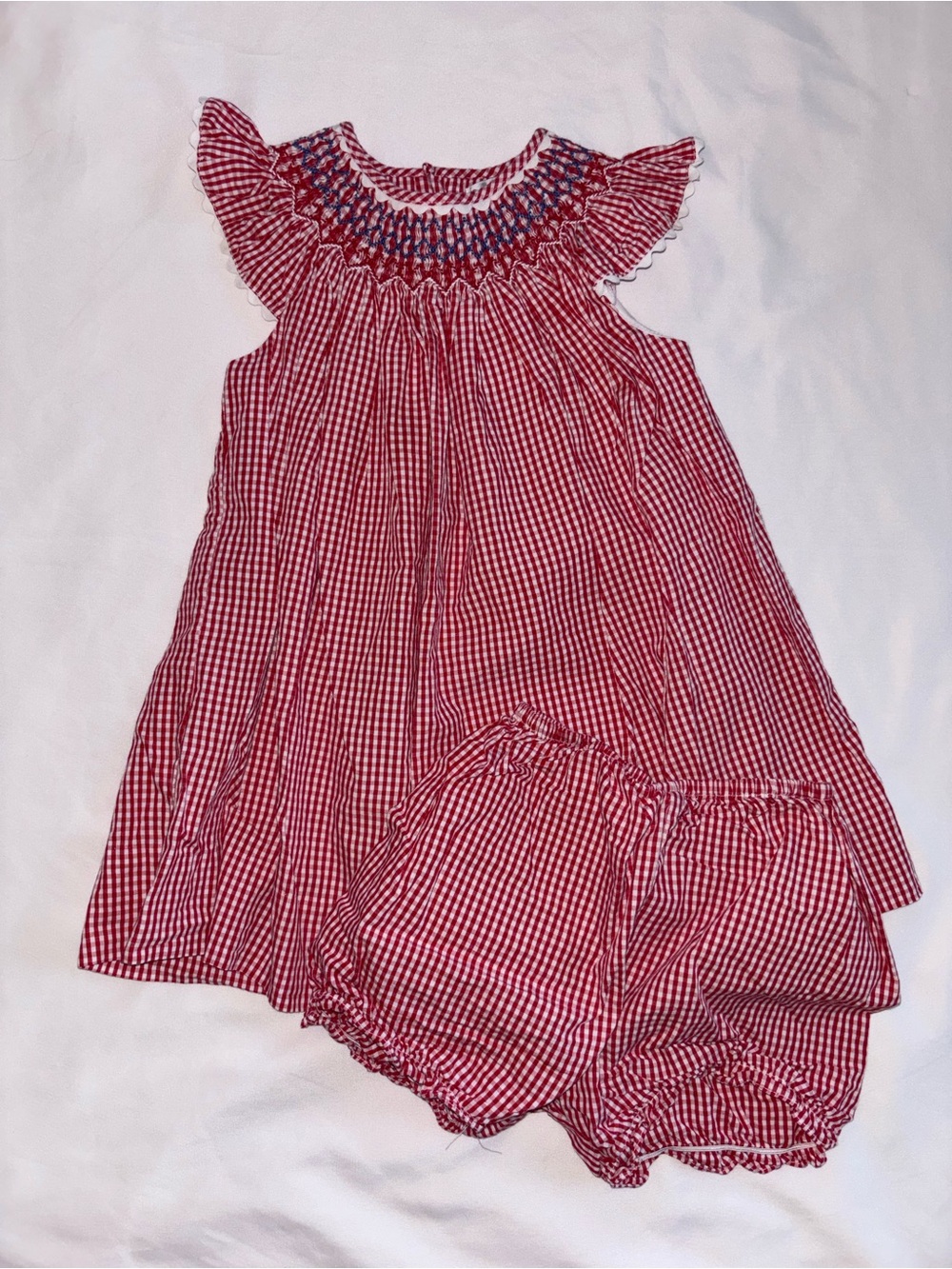 Petit Ami Red Gingham with blue Smocked Dress with Matching Bloomers
